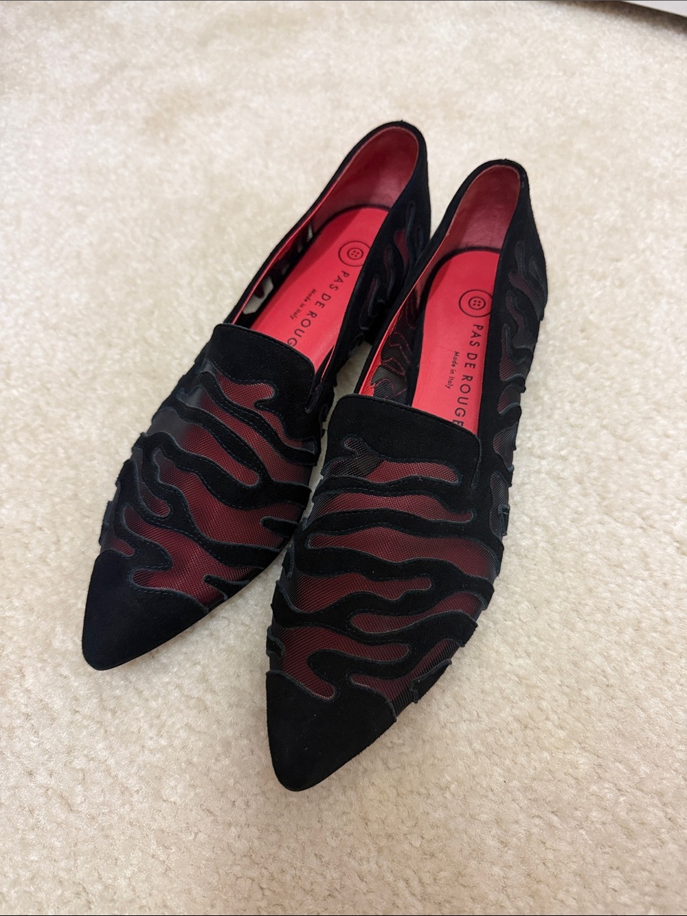 Pas de Rouge Black Mesh Flats with Red Lining